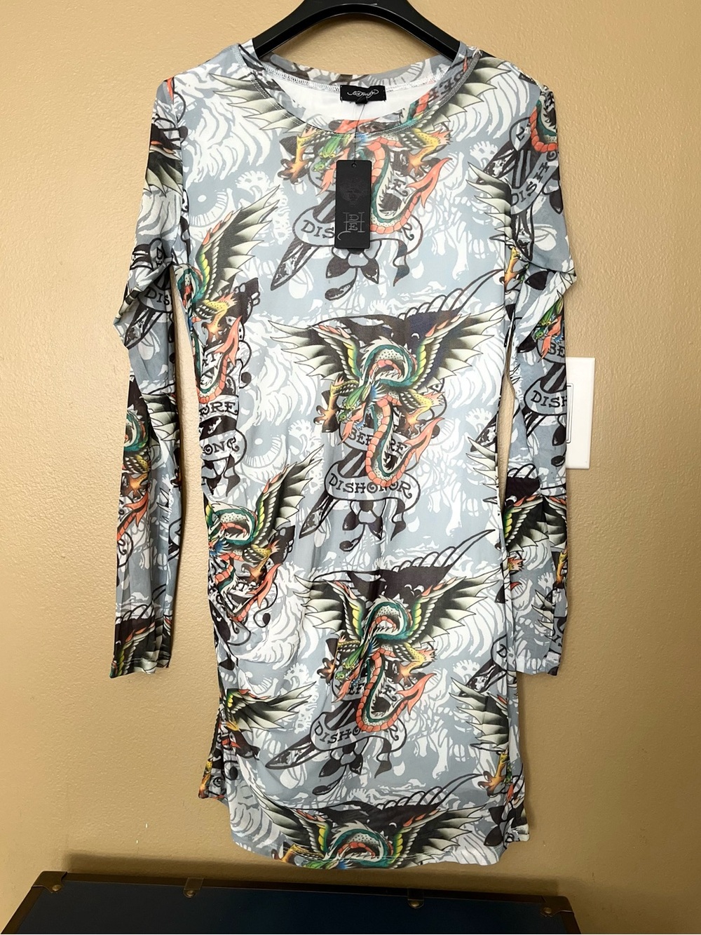 NWT Ed Hardy Casual Women's Dress Long Sleeve Grey White Multicolor size Large